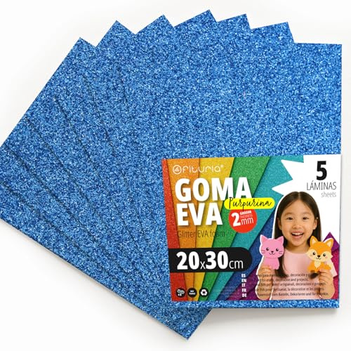 OFITURIA Glitzer-Moosgummi für Bastelarbeiten, Bunter Schaumstoff mit Glitzer für DIY, kreative Projekte, Kunst und Schule 20x30cm (Blau, 5 Stk)