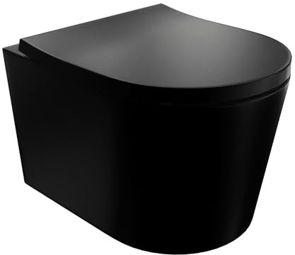 LAVITA Versoni Tornado 2.0 - Inodoro de pared con descenso automático y bisagras de metal, sin bordes, sistema de descarga suspendido, color negro