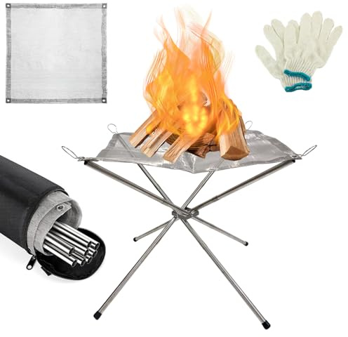 THORKOK Faltbare Feuerschale 56cm, Edelstahl Feuerkorb mit Funkenschutzsieb inkl. Handschuhen, Für Garten, Camping, Strand, BBQ, Tragbar, Schnell Aufgebaut, Platzsparend