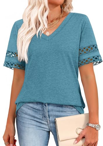 XIEERDUO T Shirts for Women UK V Neck Summer Tops Short Sleeve Lace TShitrs Womens Top Dressy Casual