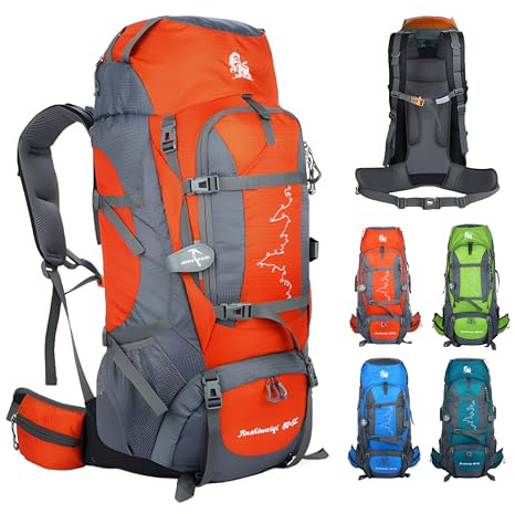 TGpao 80L Hiking Backpack,Waterproof Lightweight Trekking Bag with Air Cushion Straps, Large Capacity Durable Rucksack for Mountaineering/Camping/Travel (orange,80L)
