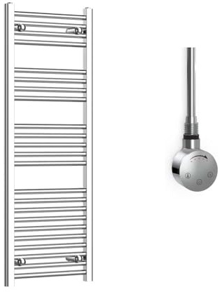 Companyblue 400 x 1200mm Sparkling Chrome Electric Heated Towel Rail with Thermostatic Heating Element - Slim Flat Vertical Radiator - Pre-Filled Electric Towel Warmer