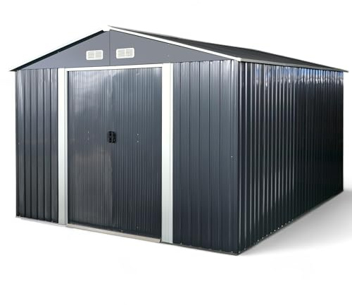 ALEOS. Gerätehaus Geräteschuppen 11m² 367x301x214 cm aus verzinktem Stahlblech Metall mit Doppelschiebetür Türhöhe 170cm Schuppen Gartenhaus