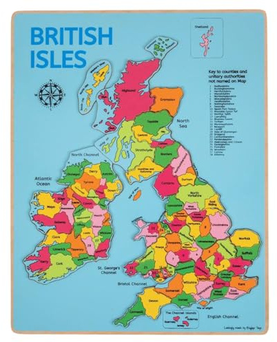 Bigjigs British Isles Wooden Jigsaw Puzzle, 28-Piece Map of the UK | Wood Baseboard & Colourful Labelled Pieces, Educational Toy Geography Game, Fun Learning Gift for Children Age 3+