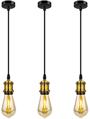Biqing 3 pièces Industriel Suspension en métal,Vintage Lampe Suspendue Douille de lampe E27 avec Réglable câble Luminaire éclairage au plafond pour Îlot de cuisine,Bar, Café(No Bulbs)