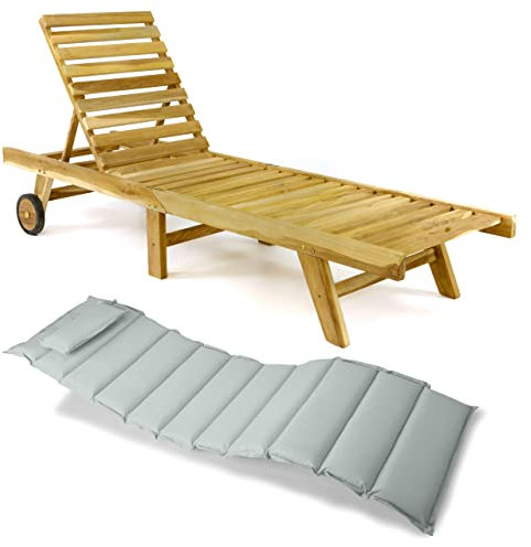 Divero Sonnenliege mit Auflage Set - Relax-Liege Holzliege Gartenliege Teakholz Natur inkl. Räder, verstellbares Kopfteil, Auflage hellgrau