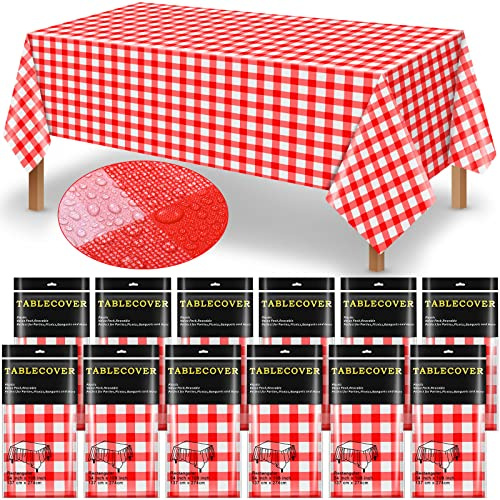 12 Pieces Plastic Checkered Tablecloth Gingham Tablecloth Rectangle Disposable Plaid Table Cloth 54 x 108 Inch 8 Foot Waterproof Picnic Table Covers for Barbecue Holiday Birthday Party(Red Checkered)