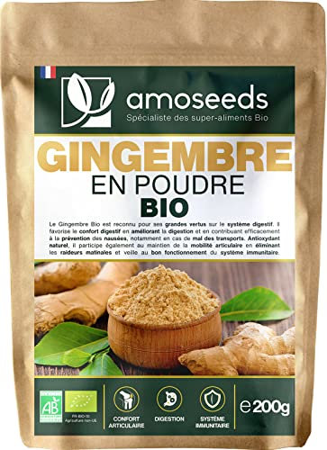 Gingembre en Poudre Bio 200G | Antioxydant, Articulations, Anti-nausée | Goût citronné et piquant | Qualité Supérieure