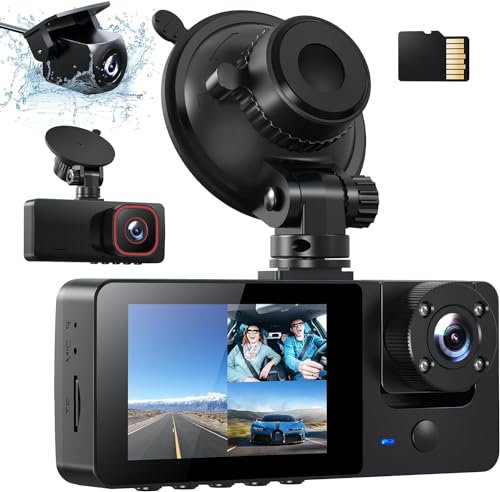 Bestsee 1080P Dashcam Auto Vorne Hinten und Innen mit 64GB SD-Karte, Autokamera mit Parküberwachung, Bewegungserkennung, Infrarot Nachtsicht, G-Sensor, Loop-Aufnahm, WDR, Sichtwinkel(170°+150°+150°)
