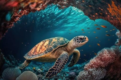 adrium Acryl-Bild 50 x 30 cm: Meeresschildkröten schwimmen unter dem Ozean mit farbenfrohem Korallen-abstrakten Hintergrund. Tier- und Naturumweltkonzept. (199252876)