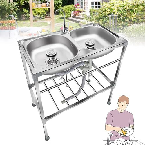 Fregadero para Catering, Fregaderos Comerciales de Acero Inoxidable para Unidad de Cocina de Doble Seno con Grifo y escurridor de Agua fría y Caliente, Fregadero para Restaurante de Cocina 75x40x83cm