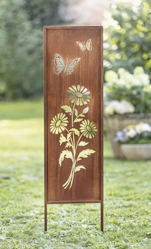 Metallschild Blumen & Schmetterlinge mit Echtrost Finish, 117 cm hoch, Dekoschild, Gartenstecker, Gartenschild