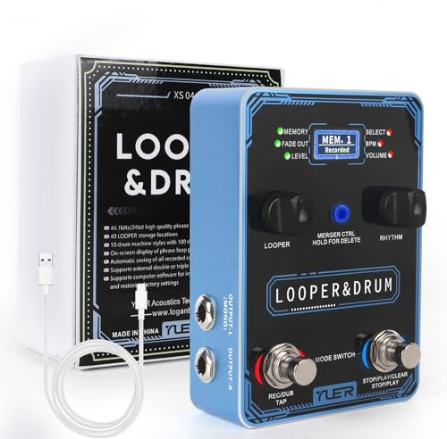YUER Loop Pedal & Drum Machine 2-in-1 Stereo Guitar Looper Pedal mit 100 Styles Drum Grooves, 40 Slots 160 Mins Looper Aufnahmekapazität, Unterstützung Import/Export in Editor Software DC 9V/300mA