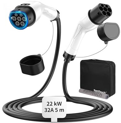 RamTouch Cavo Ricarica Auto Elettrica Tipo 2 (22 kW, 5 m, 32A, Trifase, modalità 3) - Cavo di Ricarica EV Tipo 2 a Tipo 2 Compatibile con Veicoli Elettrici, Ibridi Plug-in e Stazioni di Ricarica