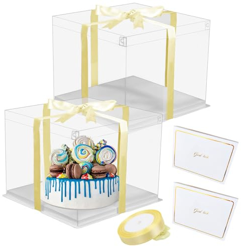 lbxtswpl Presentlåda transparent 2 st tårtkartong, 10,2 cm, genomskinlig tårtlåda, presentförpackning, tårtlåda i dubbla lager med band, gratulationskort för födelsedag, dessert (17 x 17 x 20 cm)