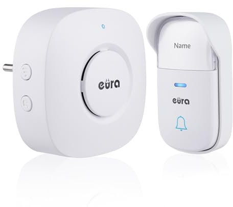 Campanello senza fili EURA WDP-52A3 - cinetico, senza batteria, ampliabile, 230 V CA, 38 melodie, portata fino a 200 m, IP55, portanome - bianco