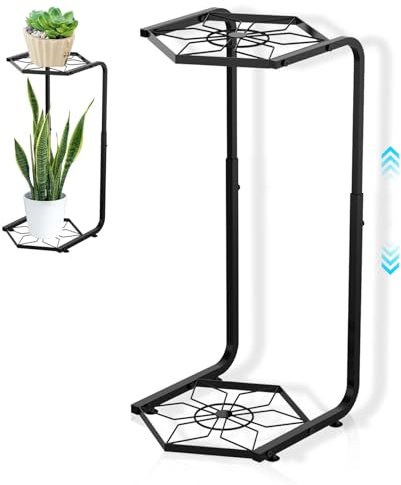 R S Trade Metal Plant Stand, 2 Tier Tall Plant Stands Indoor Adjustable, Black Corner Polygonal Flower Plant Pot Stand for Garden Patio Balcony Living Room