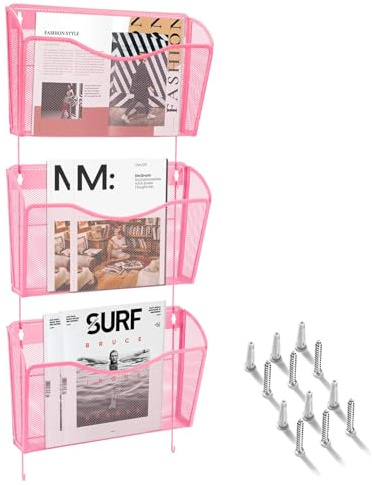 AGPTEK 3er Pack Wand Zeitungshalter, Einzelfach Wandmontierter Metallgitter | Organizer Zeitungsständer Wand Magazinhalter Prospekthalter Zeitschriftenhalter für Büro & Zuhause – Rosa