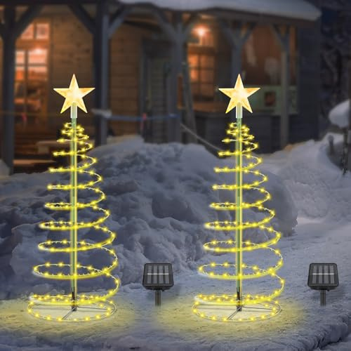 Weihnachtsdeko Aussen Solar, Afenau 2 Stück 100 LEDs Solar Weihnachtsbeleuchtung Außen, Wasserfest Spiralförmiger Weihnachtsbaum, Weihnachtsdeko Outdoor für Gärten, Terrassen (Warmweiß)