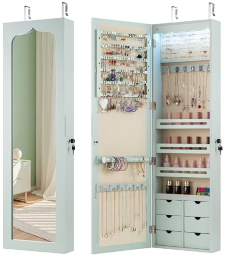COSTWAY Armoire à Bijoux Murale avec Miroir, Inclus 5 Lumières LED, Emplacement pour Boucles d'Oreiller,Bracelets,Bag etc. Installable sur Mur ou Porte, 36,5 x 11,5 x 120 cm (Vert)