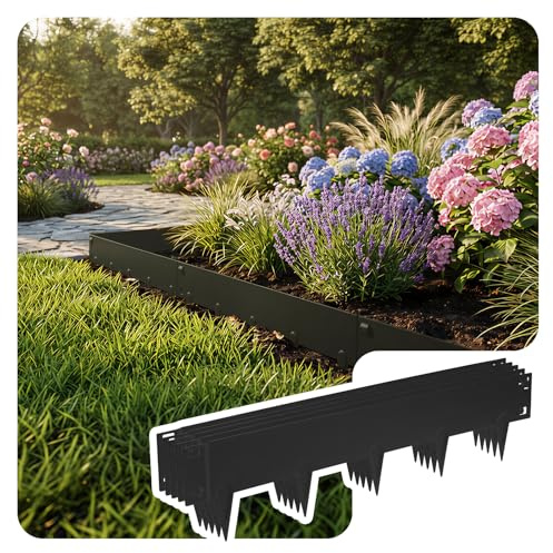 VOUNOT® Bordura per Giardino in Metallo Zincato 10M, Bordo Aiuole Resistente spessore 1,5mm, 106x18cm, Set da 10 Pezzi Bordure Flessibile per Prato, Piante da Giardino, Orto, Nero