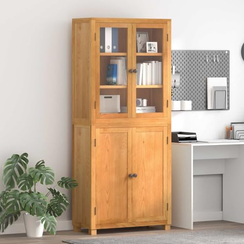 Augerqir Lot de 2 meubles de rangement en bois naturel et chêne avec 4 étagères et 2 portes en verre, armoire de ménage stable pour salon, chambre à coucher, armoire polyvalente polyvalente