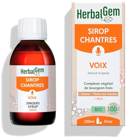 HerbalGem Sirop Des Chantres Éclat Voix Bio 250 ml | Recette traditionnelle enrichie aux bourgeons, soutient le confort des cordes vocales sollicitées. Dès 12 ans.