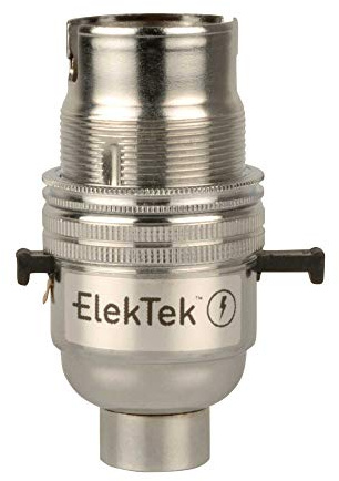 ElekTek Safety Switch Lamp Bulb Holder B22 BC Bayonet Cap & Shade Ring 10mm/M10 x1 Threaded Bottom Entry Chrome Made in UK - Child Safe Switch Push Bar locks OFF & cuts power if no bulb fitted