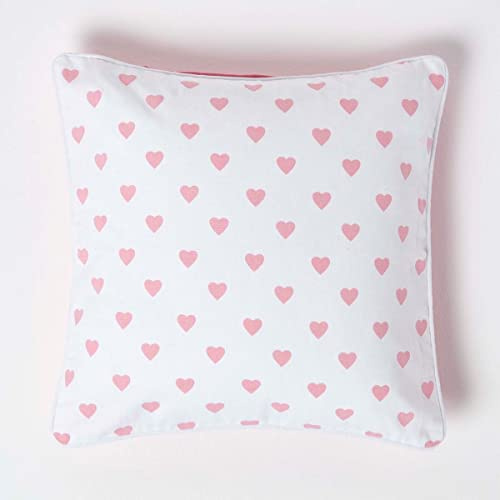 Homescapes Kissenbezug mit rosa Herzen, dekorative Kissenhülle 45 x 45 cm für Zierkissen und Kinderkissen aus 100% Baumwolle mit Reißverschluss, rosa Unterseite