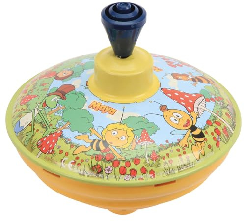 Lena tin Toys 52450 - Brummkreisel Biene Maja Ø 13 cm, Metall Schwungkreisel aus Blech, klassischer Pumpkreisel, Blechkreisel mit Maya Motiv, Kreisel mit Standspitze, Spielzeugkreisel für Kinder 18M+