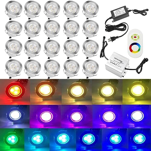 QACA 20pcs Low Voltage LED Deck Lights Kits Multi-Color RGB Stainless Steel Waterproof Outdoor Recessed Wood Decoration Lamps Landscape Pathway Patio Step Stairs LED In-ground Lighting(Silver Border)