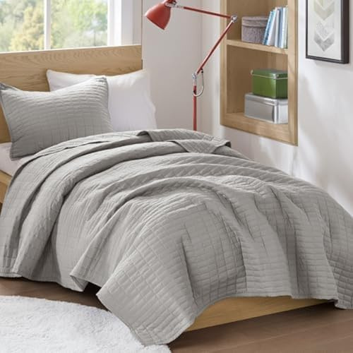 Comfort Spaces Kienna Quilt Set- Double Sided Stitching Design Summer Blanket, Lightweight, Soft, All Season Bedding Layer, Matching Sham, Grey, Coverlet Twin/Twin XL(66x90) 2 Piece | Soft Cozy Lightweight Summer Twin XL Coverlet for College Dorm, Quilted Extra Layer, Modern Casual Bedroom Decor, OEKO-TEX