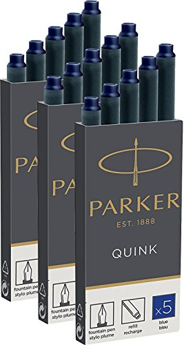 3x Parker 1950384 Quink Nachfüllpatronen für Füllfederhalter, lange Patronen, 3x 5er Packung, blaue tinte ( = 15 Patronen )