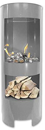 Ethanolkamin Gelkamin Höhe:100cm / Breite:37cm / Tiefe: 35 cm/Säule Kamin Silbergrau mit Holzfach Inklusive: 3 x Brennstoff-Behälter