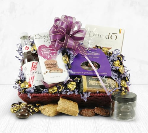 Choc, Fruit & Nut Delight Hamper | Luxury Sweet Treats Gift Basket with Award-Winning Drink, Biscuits & Belgian Chocolates | Reusable Purple Woven Basket