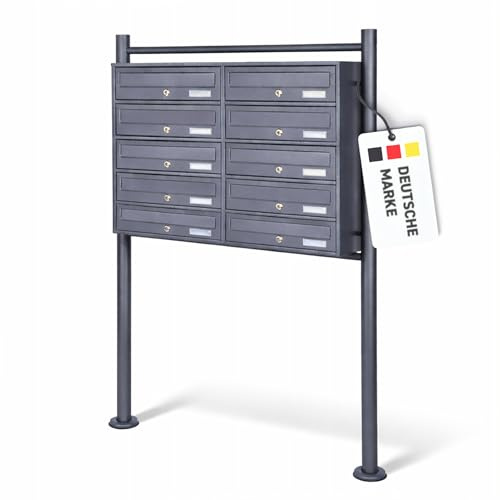 Rapid Teck® 10er Briefkastenanlage | 2x5 Fächer Briefkasten Anthrazit mit Namensschild | Edelstahl Postkasten | Dunkel Grau | Doppel Briefkasten Edelstahl Mehrfamilienhaus