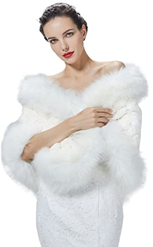 BEAUTELICATE Scialle Stola in Pelliccia Sintetica Donna Mantella Bolero Coprispalle Sciarpa Ecopelliccia Sposa per Matrimonio Inverno Cerimonia Festa Avorio Nero (Bianco,Taglia Unica)