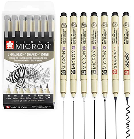 SAKURA Pigma Micron - Pigment Fineliner Pens - Black Ink - Wallet Sets (Mixed x 7, Black)
