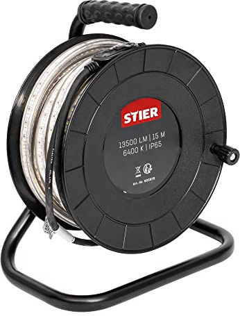 STIER LED Streifen Baustrahler, 15m, 13.500lm, 6400k, 900lm/m, erweiterbar auf 75m, direkt Anschluss, LED Strip, PVC, Schutzart IP65, mit praktischen Standfüßen und Handgriff