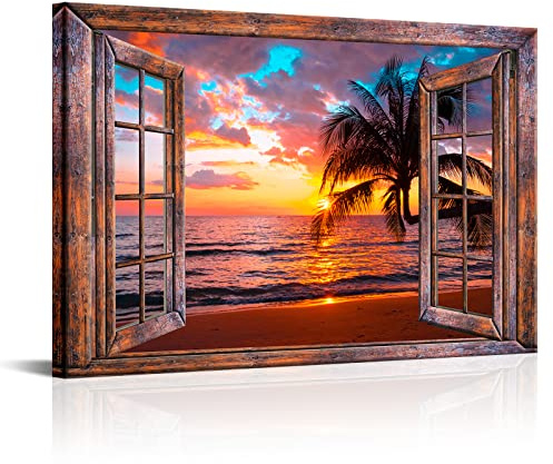 LyerArtork Window View of Hawaii Seascape Canvas Wall Art Tropical Palm Tree Picture Prints Sunset at Ocean Landscape Painting Nature Scenery Artwork for Bathroom Office Bedroom Decoration 24x36inch