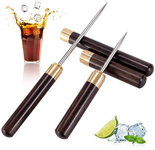 QH-Shop Rompighiaccio Cucina Punteruolo in Acciaio Inossidabile Sicurezza con Impugnatura in Legno Strumento per Bar Cucina Barman Picnic Campeggio Cocktail Marrone 2 Pezzi