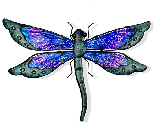 HONGLAND Metal Dragonfly Decor, Dragonfly Outdoor Wall Decor, Metal Wall Art, Dragonfly Ornaments Wall Sculptures Gifts Hanging Decorations for Garden Yard Home-Blue 14 Inch Dragonfly Wall Art