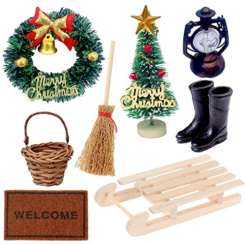 8er Miniatur Wichteltür Zubehör Weihnachten Set Zubehör Schlitten Kranz Weihnachtsbaum Laterne Besen Stiefel Mini Ornament für basteln