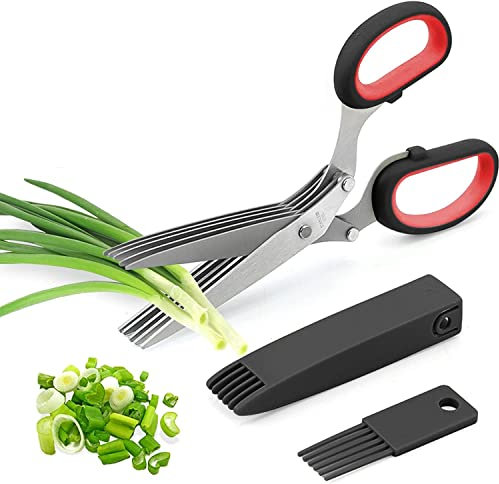 Multifuncionales Tijeras，Tijeras para Hierbas, Herb Scissors, Tijeras Especias，Tijeras Cocina Tijeras Verduras con 5 Cuchillas para Verduras Albahaca Perejil Cilantro Cebollinos（Negro）