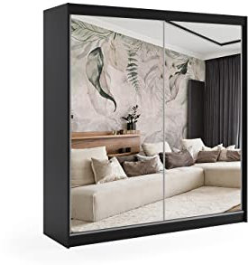 ALTDECOR Kleiderschrank mit Spiegel und Schiebetüren, kugelgelagerte Führungsschienen und Aluminium-Leisten, LED-Beleuchtung (weiß + 16 Farben) und Fernbedienung - DEBI - 200 cm Schwarz