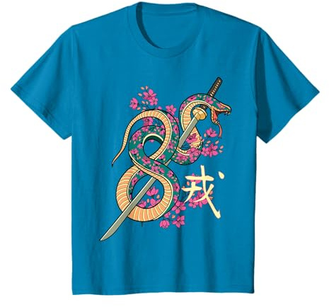 Serpent Japonais Katana Samurai Kanji Fleur de Cerisier T-Shirt