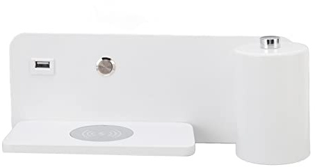 Applique Murale, 330° Plus 150° Réglable USB Lampe Murale de Charge Sans Fil Applique Murale LED Simple et élégante avec une Tablette Plate de Charge pour Chambre, Bureau, Chevet (Blanc Droit)