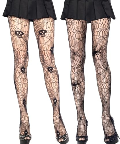 LGZIN 2 Paar Netzstrumpfhose Schwarz, Stumpfhose Spinnennetz Halloween, Damen Netz Strumpfhose, Fischnetz Strumpfhose mit Spinne, Knochen Muster, Fishnet Tights für Halloween, Karneval, Gothic Party