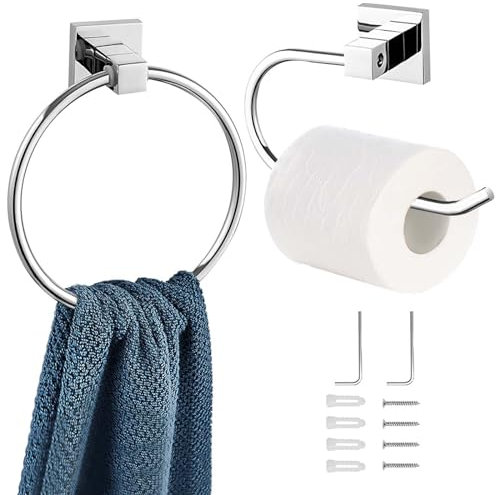 BEIJIE Chrome Toilet Roll Holder, 2 Pieces Bathroom Accessory Toilet Paper Holder and Towel Ring, 304 Stainless Steel Waterproof Rust Resistant Towel and Toilet Roll Holder Wall Mounted Set (Silver)