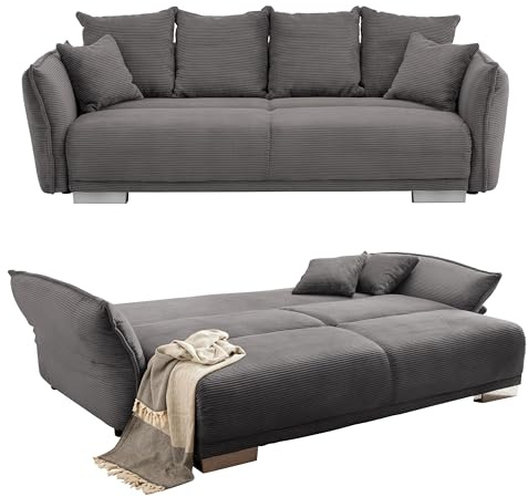 Big Sofa B242/T131/H90 cm mit Schlaffunktion, Stauraum, Armlehnenverstellung, Lounge Couch mit Federkern und Wellenunterfederung, Liegefläche 168x199 cm, Bezug Cord in Grau Anthrazit / 17214
